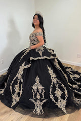 Off-the-Shoulder Black Golden Ball Gown with Sequin Appliques for Quinceanera