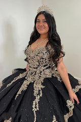 Off-the-Shoulder Black Golden Ball Gown with Sequin Appliques for Quinceanera