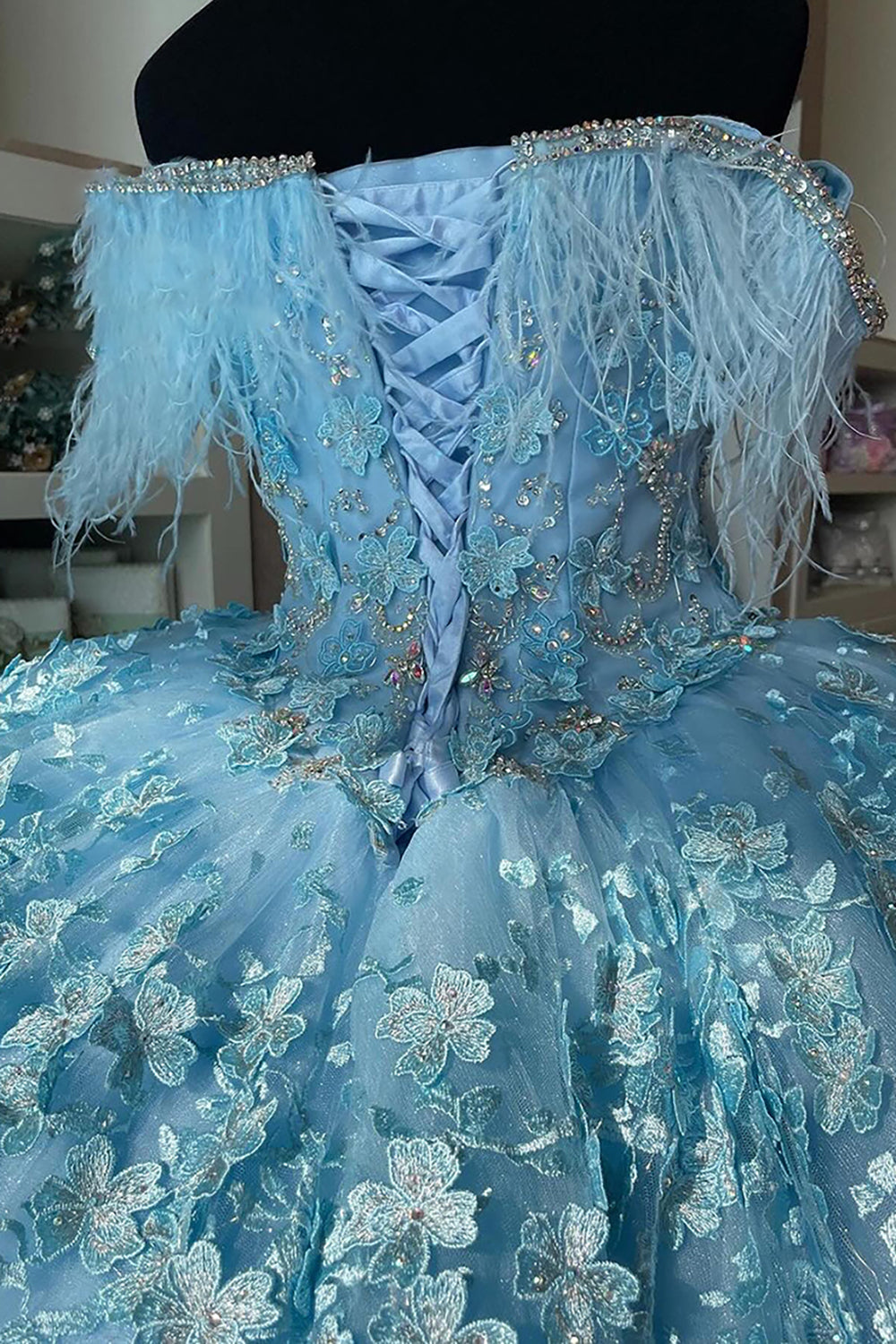 Sweetheart Princess Quinceanera Dress in Sky Blue with Feather Applique