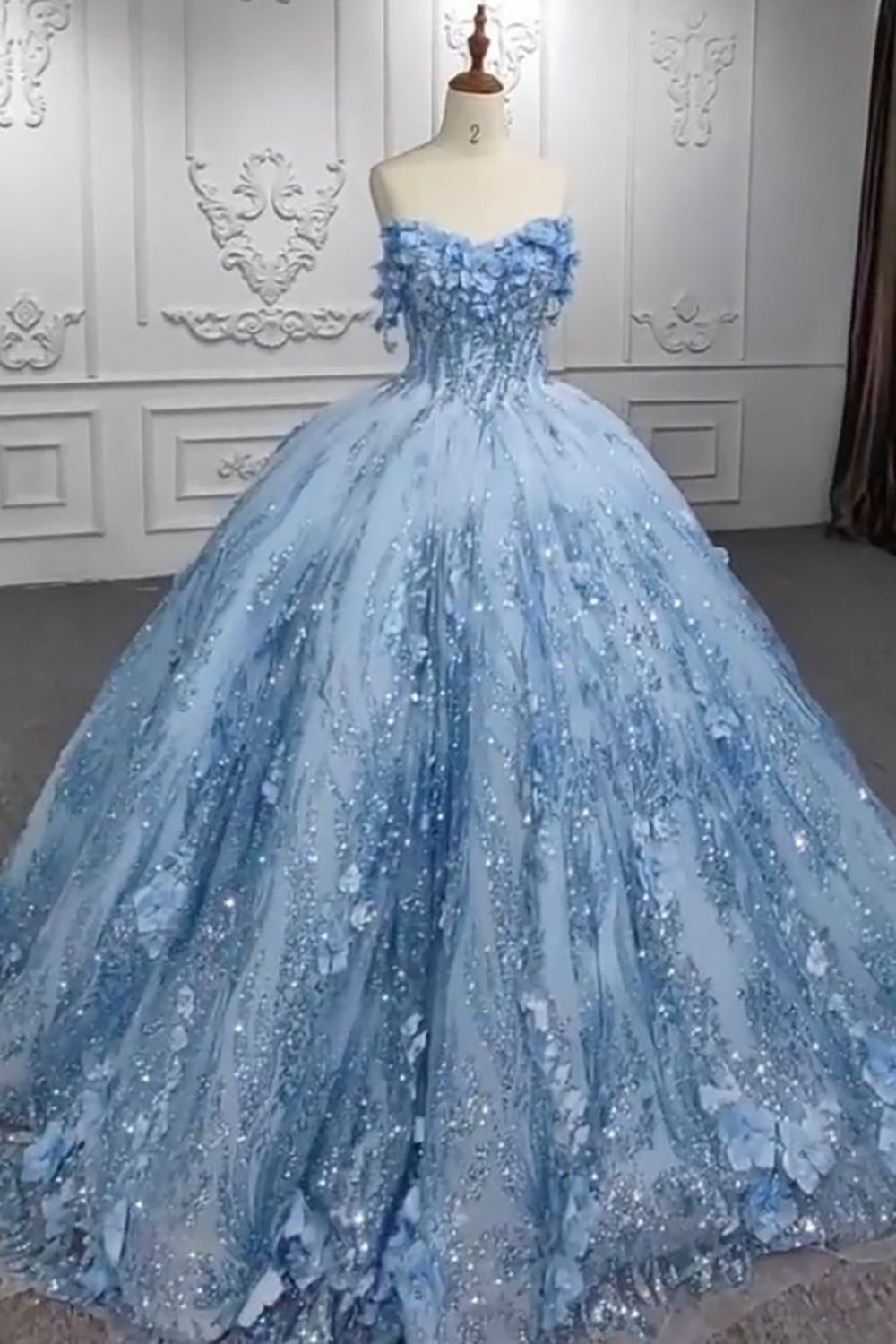 Off the Shoulder Quinceanera Dress with Sky Blue Sequins and Tulle Applique