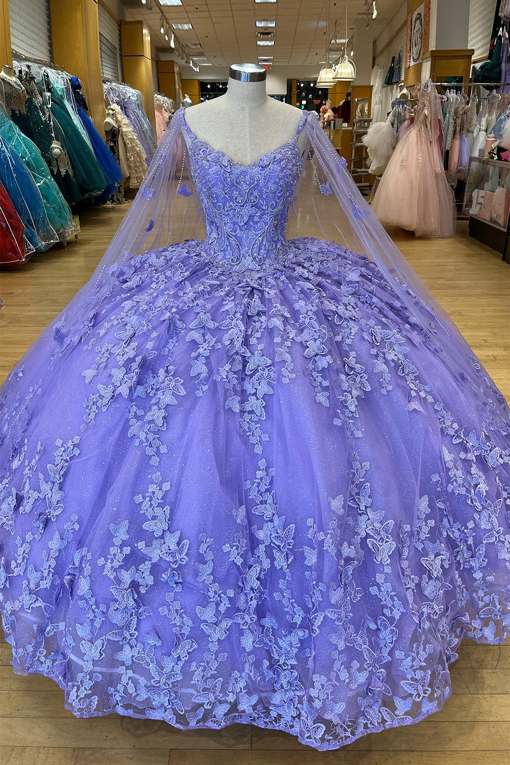Quinceanera Dress in Lilac with Caped Tulle and Spaghetti Straps, Featuring Appliques