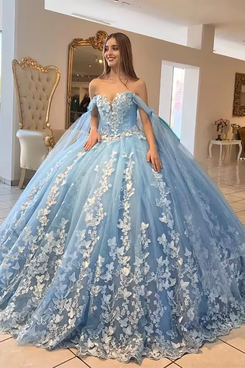 Off-the-Shoulder Quinceanera Dress in Sky Blue Tulle with Appliques