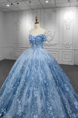 Off the Shoulder Quinceanera Dress with Sky Blue Sequins and Tulle Applique