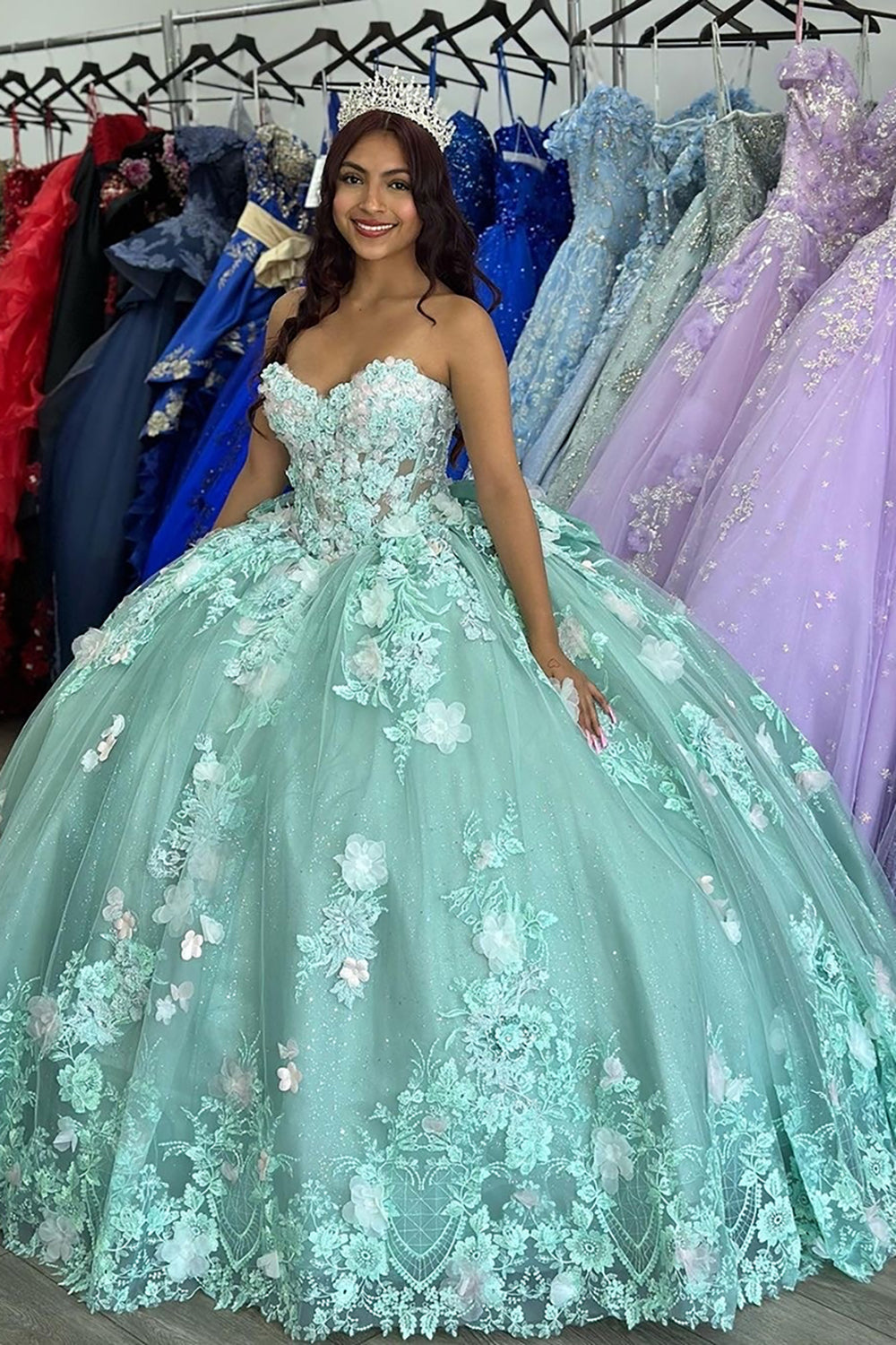 Sweetheart Ball Gown in Sage Green Tulle with Appliques for Quinceanera