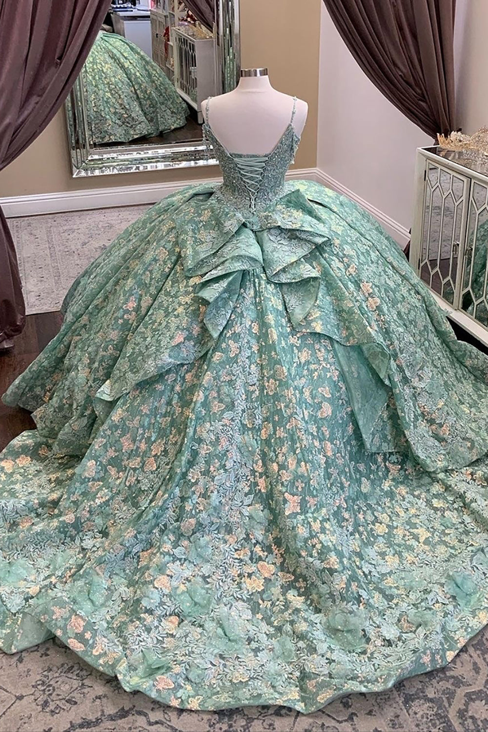 Floral Applique Quinceanera Dress in Sage Green with Spaghetti Straps and Tulle Ball Gown