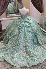 Floral Applique Quinceanera Dress in Sage Green with Spaghetti Straps and Tulle Ball Gown