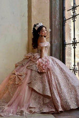 Off-the-Shoulder Dusty Rose Ball Gown with Sparkly Sequins and Beading for Quinceanera