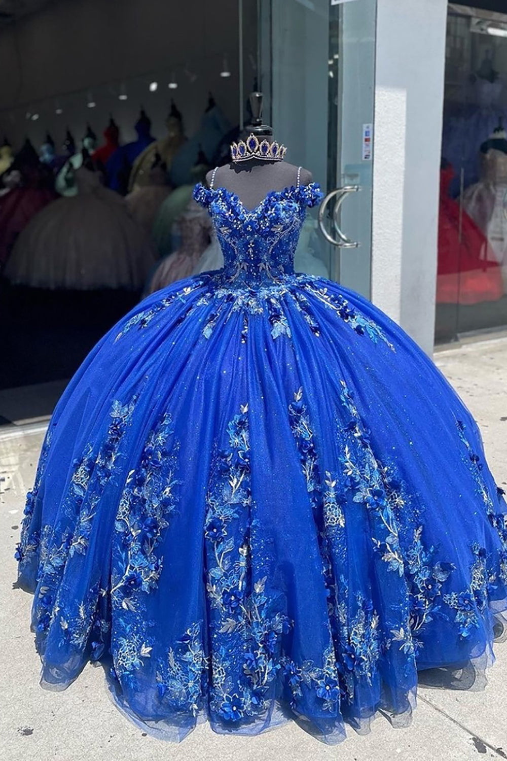 Royal Blue Glitter Cold Shoulder Quinceanera Dress with Tulle and Appliques