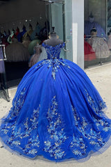 Royal Blue Glitter Cold Shoulder Quinceanera Dress with Tulle and Appliques