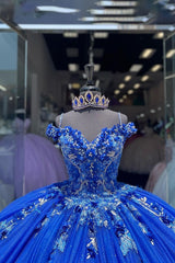 Royal Blue Glitter Cold Shoulder Quinceanera Dress with Tulle and Appliques