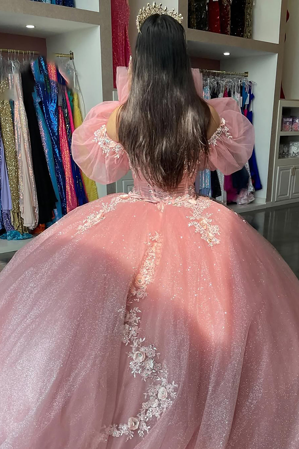 Off-the-Shoulder Blush Pink Ball Gown with Long Sleeves and Tulle Applique for Quinceanera