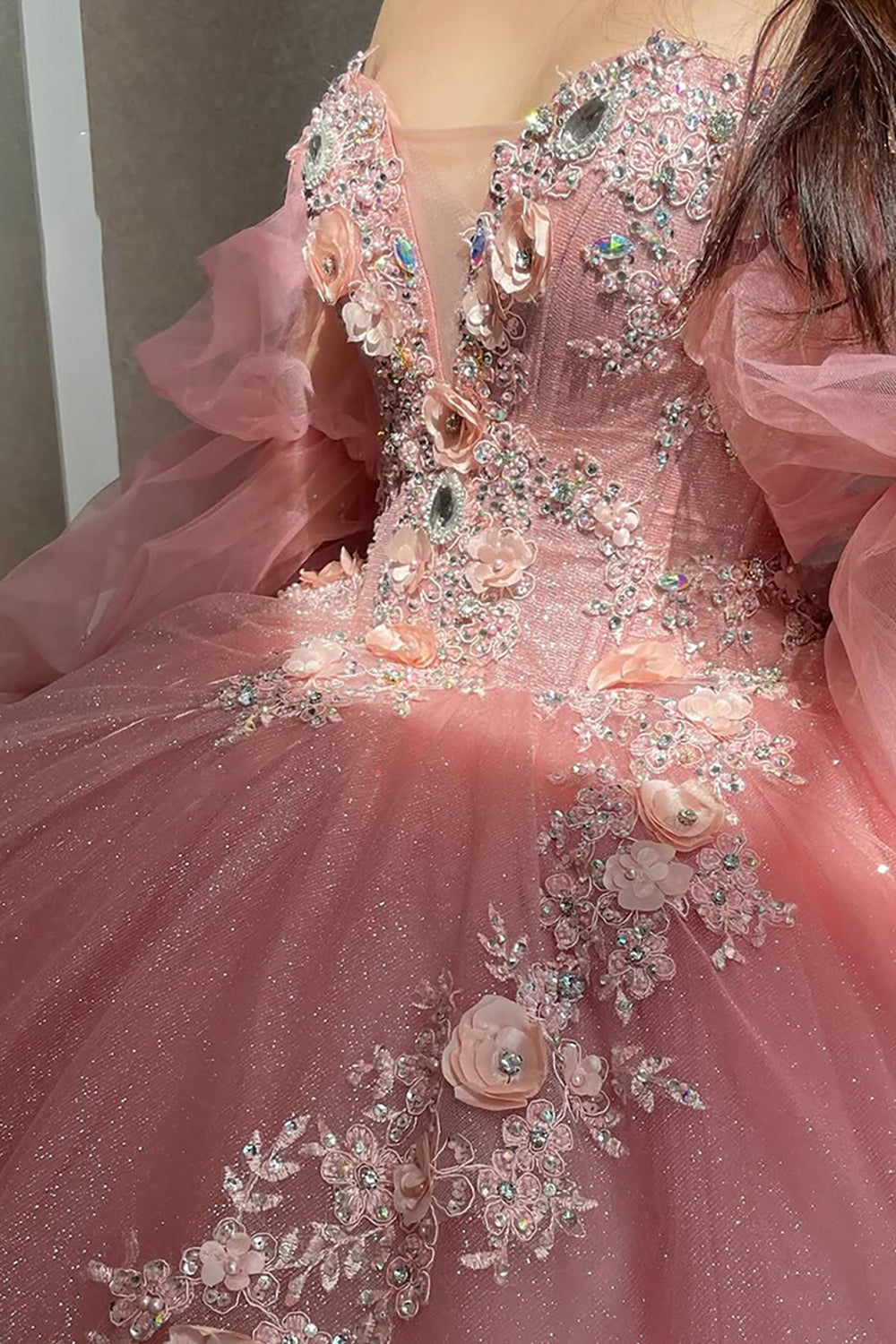 Off-the-Shoulder Blush Pink Ball Gown with Long Sleeves and Tulle Applique for Quinceanera