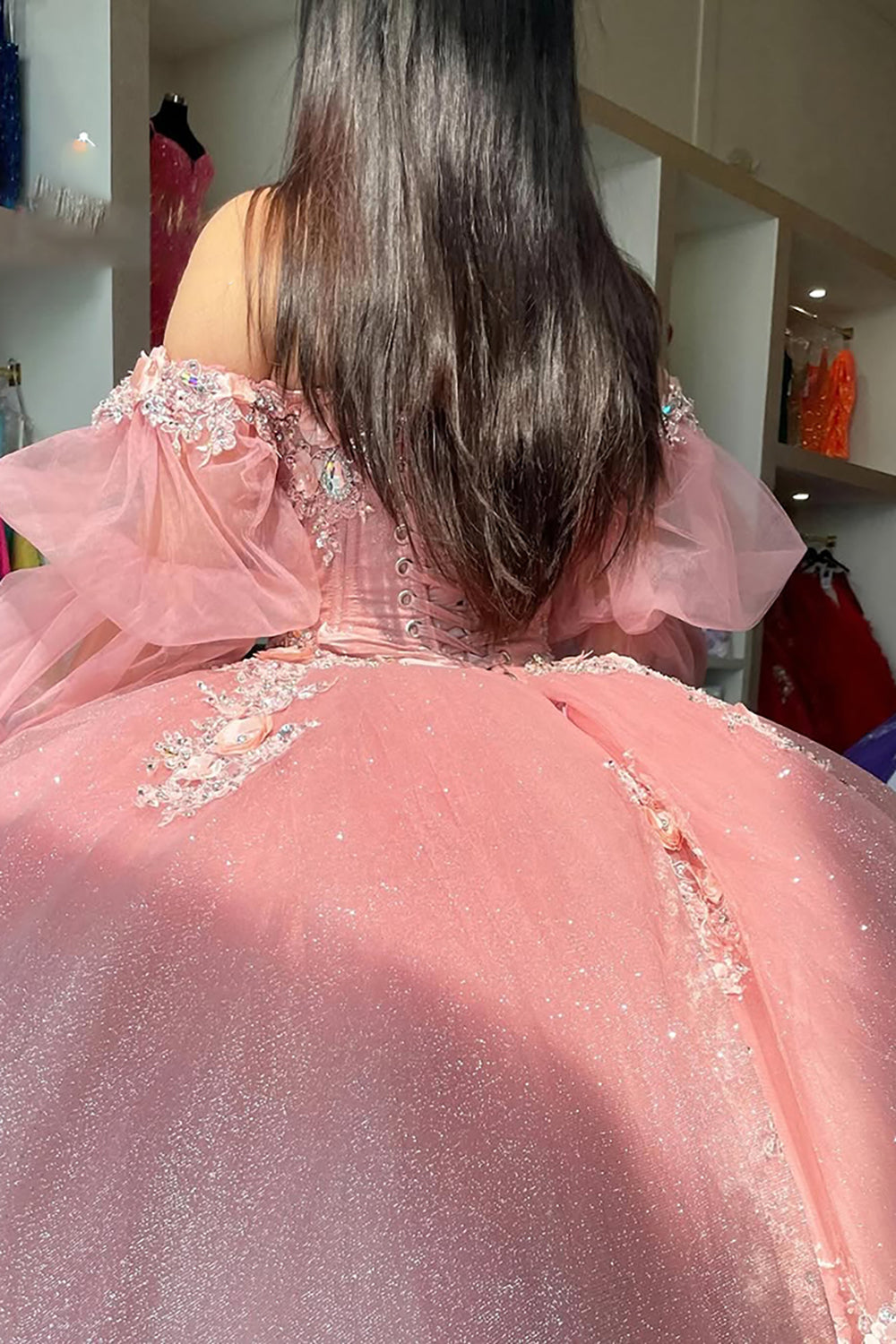 Off-the-Shoulder Blush Pink Ball Gown with Long Sleeves and Tulle Applique for Quinceanera