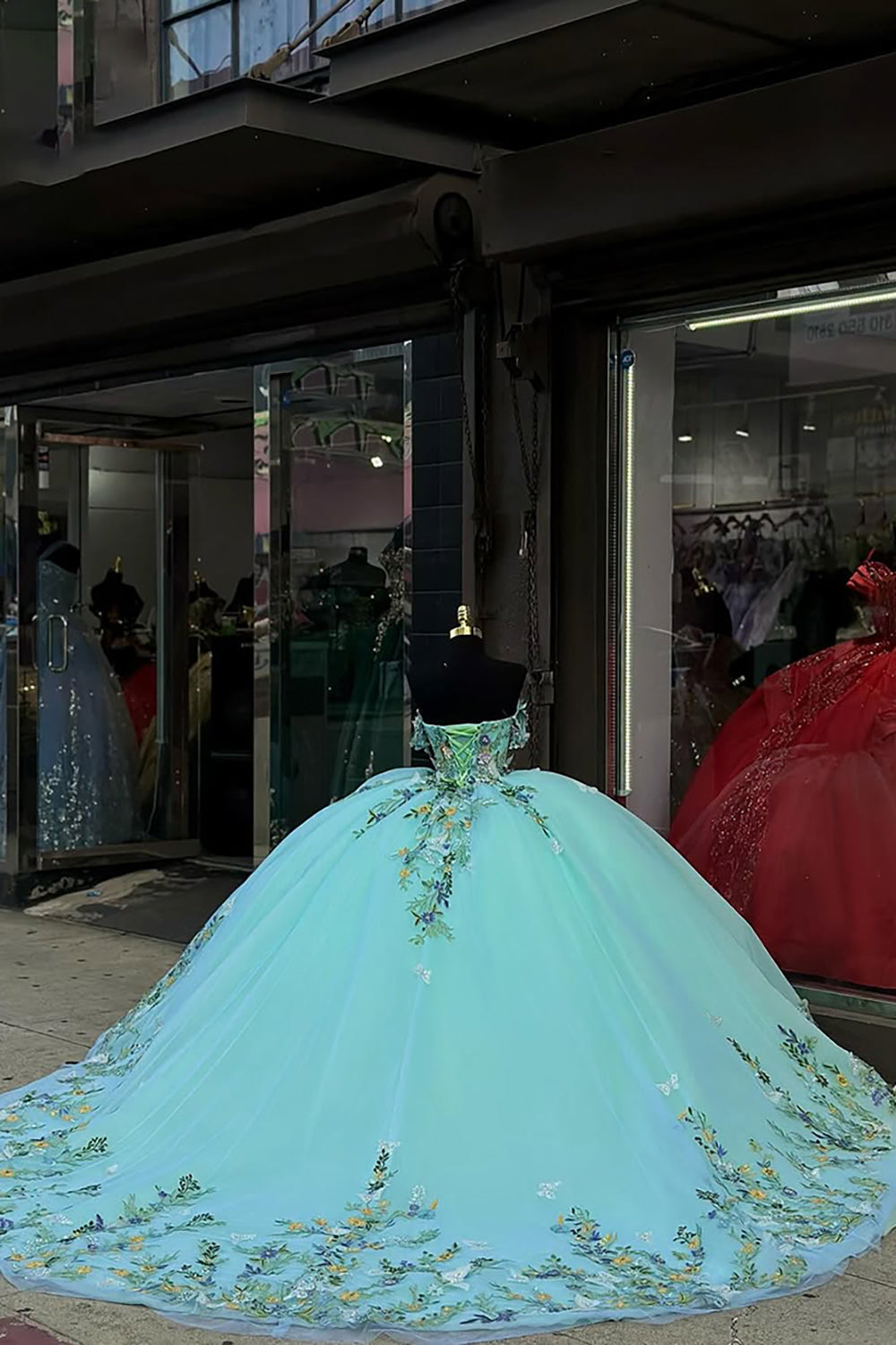 Off the Shoulder Princess Tulle Quinceanera Dress in Light Blue with Floral Appliques