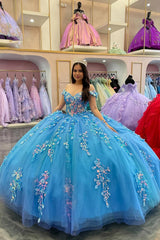 Princess Quinceanera Dress in Blue with Off-the-Shoulder Tulle and Appliques