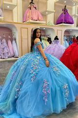 Princess Quinceanera Dress in Blue with Off-the-Shoulder Tulle and Appliques