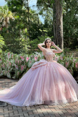 Quinceanera Dress in Blush Pink with Spaghetti Straps, Tulle Applique, and Bow
