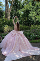 Quinceanera Dress in Blush Pink with Spaghetti Straps, Tulle Applique, and Bow