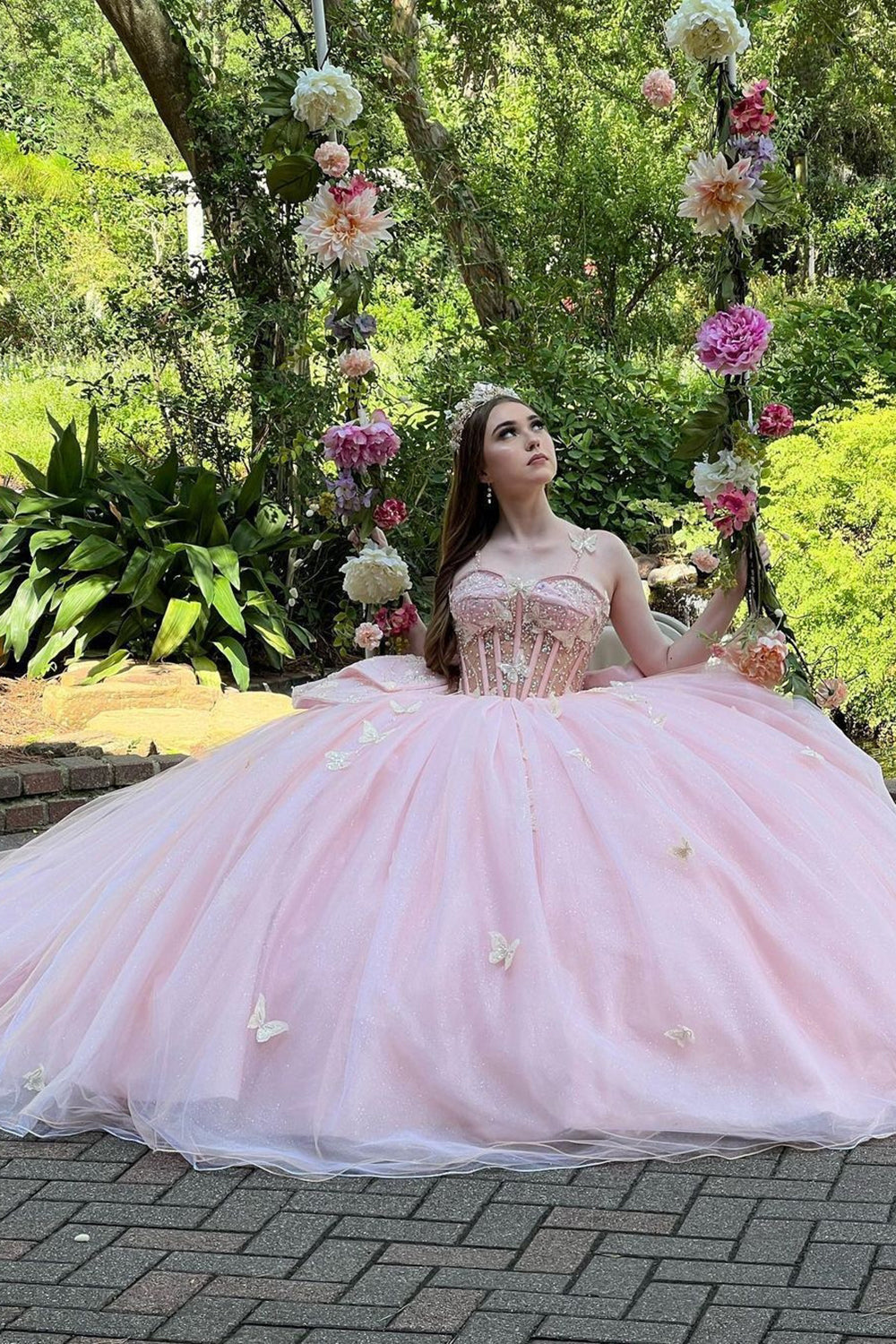 Quinceanera Dress in Blush Pink with Spaghetti Straps, Tulle Applique, and Bow