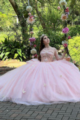 Quinceanera Dress in Blush Pink with Spaghetti Straps, Tulle Applique, and Bow