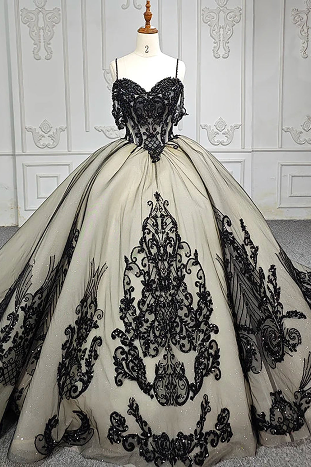 Black Glitter Princess Quinceanera Dress with Tulle Applique and Beaded Spaghetti Straps