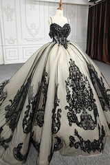 Black Glitter Princess Quinceanera Dress with Tulle Applique and Beaded Spaghetti Straps
