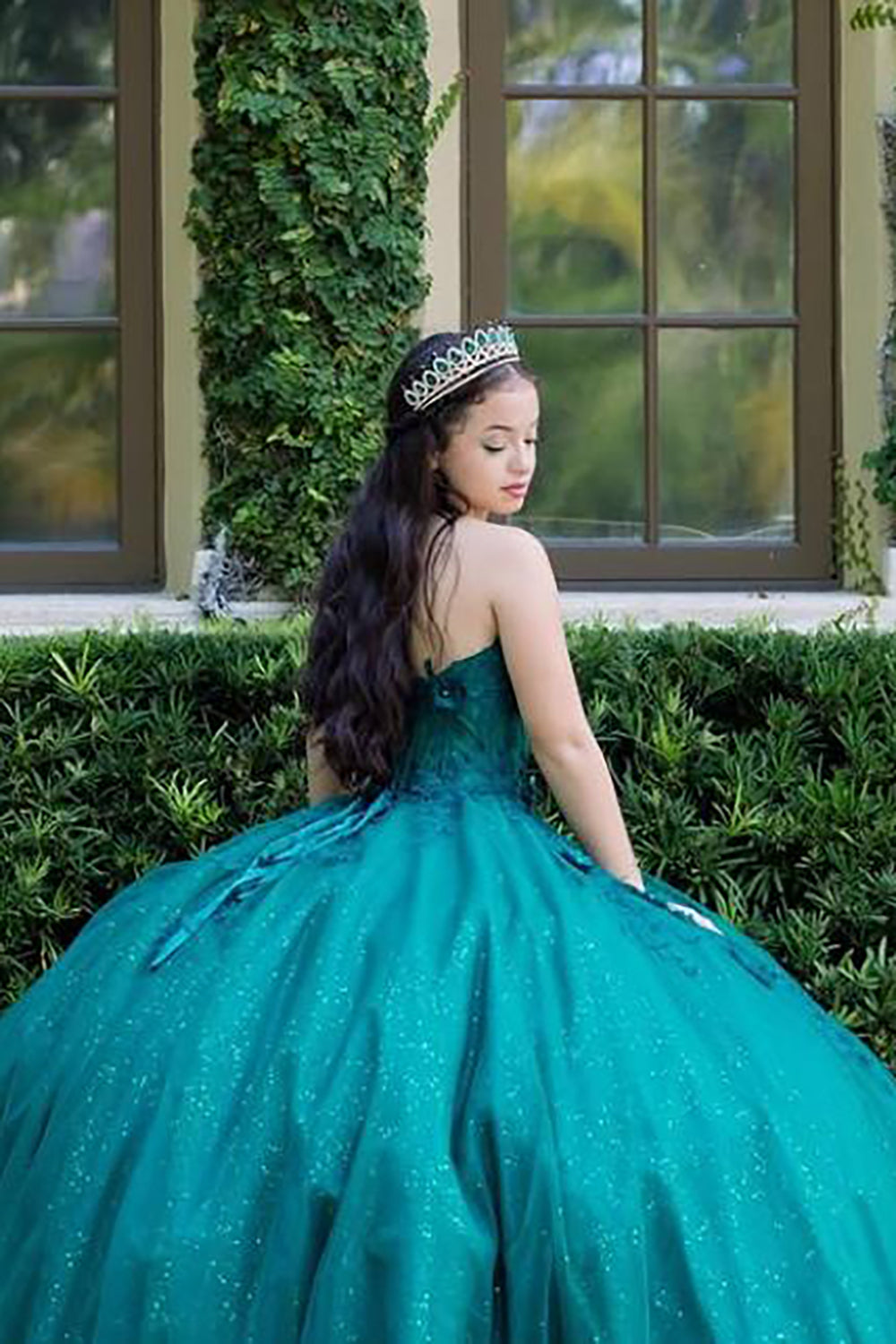 Sweetheart Princess Quinceanera Dress in Sparkly Peacock Tulle with Appliques