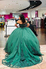 Sequined Dark Green Quinceanera Ball Gown with Off-the-Shoulder Appliques