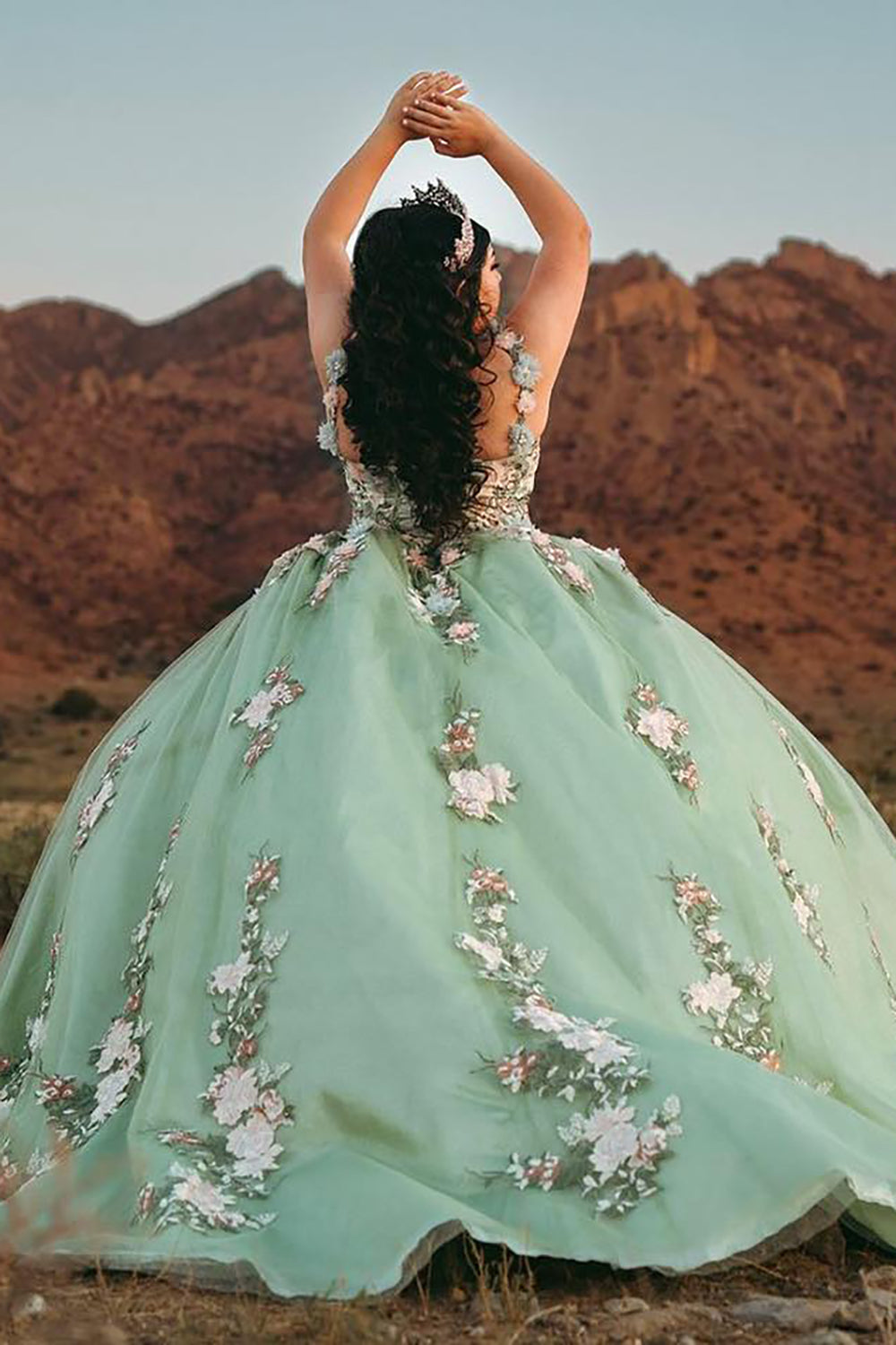 Off the Shoulder Princess Quinceanera Dress in Dusty Sage with Tulle and Appliques