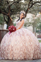 V-neck Quinceanera Ball Gown in Sparkly Gold Rose with Sequins