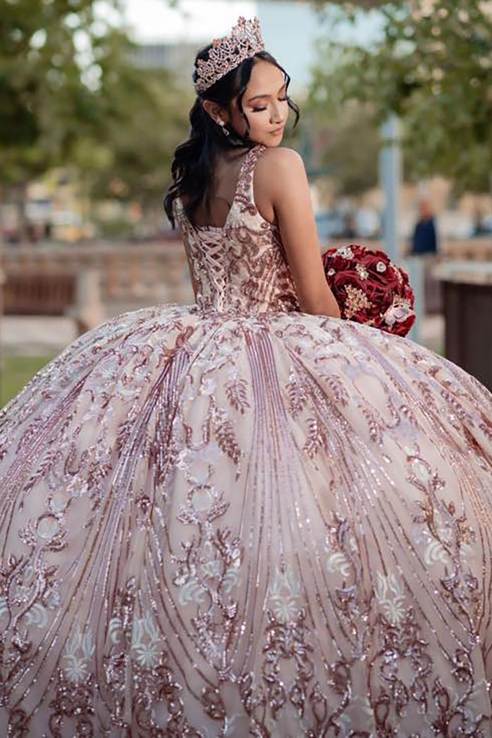 V-neck Quinceanera Ball Gown in Sparkly Gold Rose with Sequins