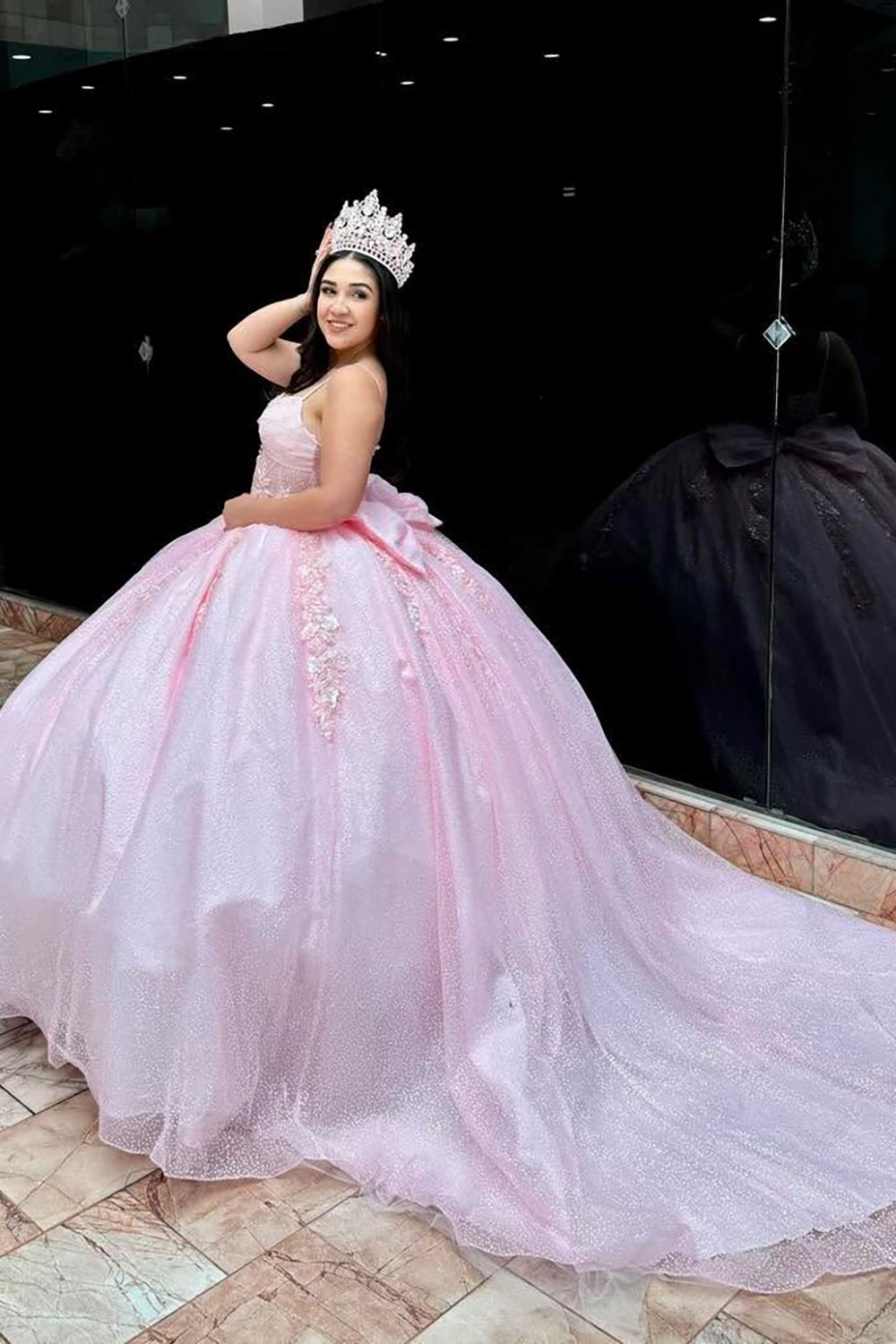 Princess Quinceanera Dress in Sparkly Blush Pink with Tulle Applique and Bow Spaghetti Straps