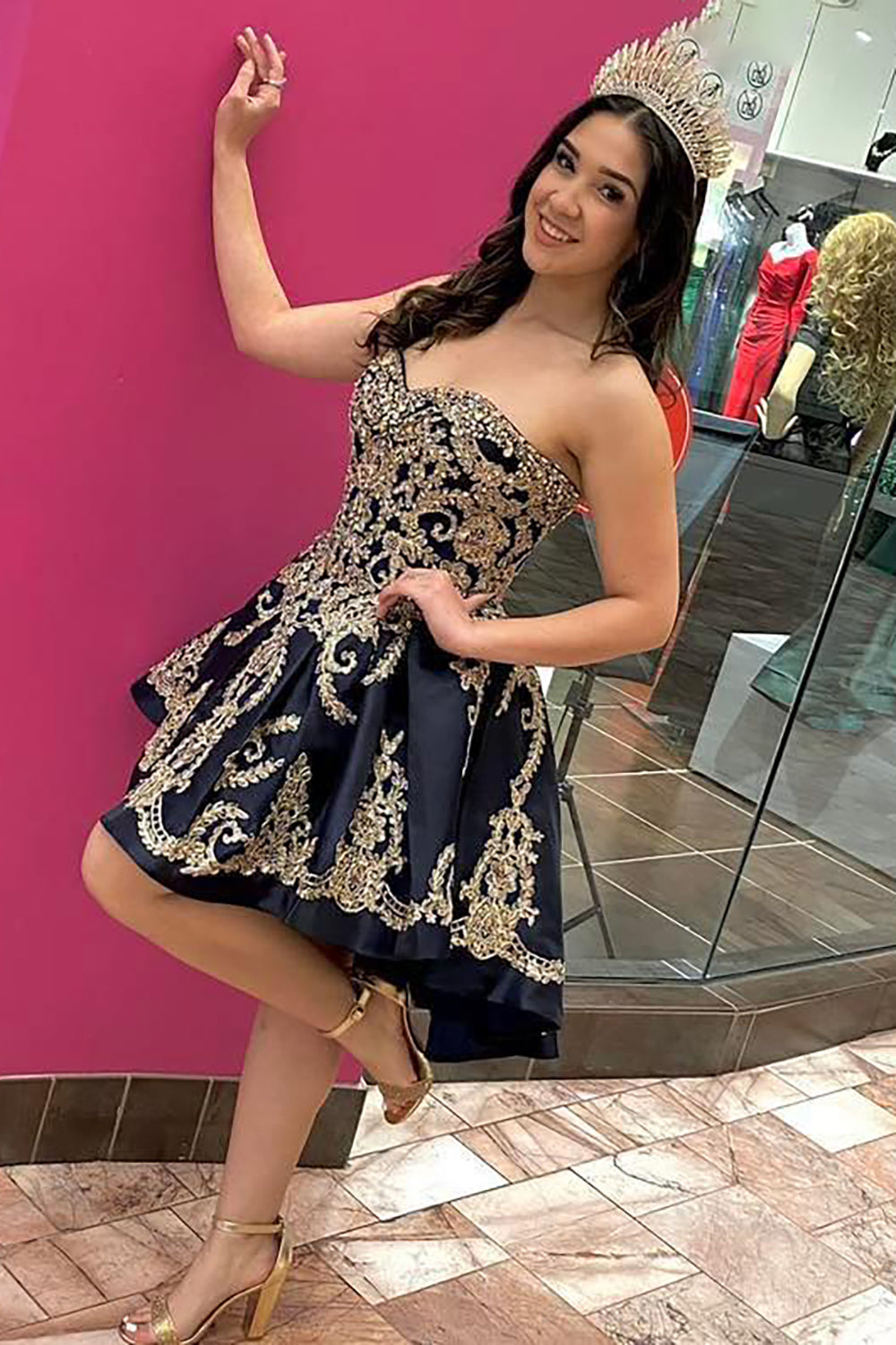 Navy Gold Sparkle Sweetheart Princess Tiered Applique Quinceanera Gown