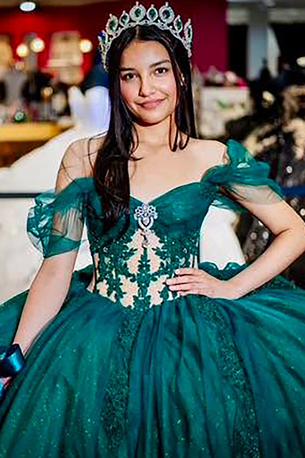 Quinceanera Ball Gown in Pine Green with Off-the-Shoulder Design and Applique Train