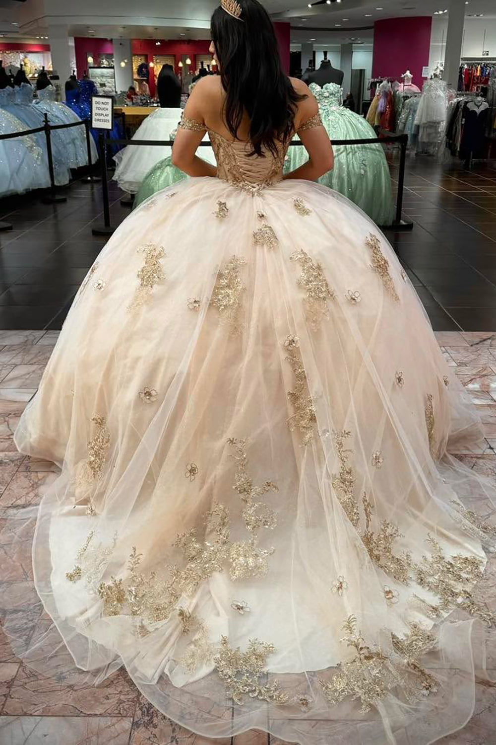 Princess Quinceanera Dress in Champagne with Off-the-Shoulder Tulle and Appliques