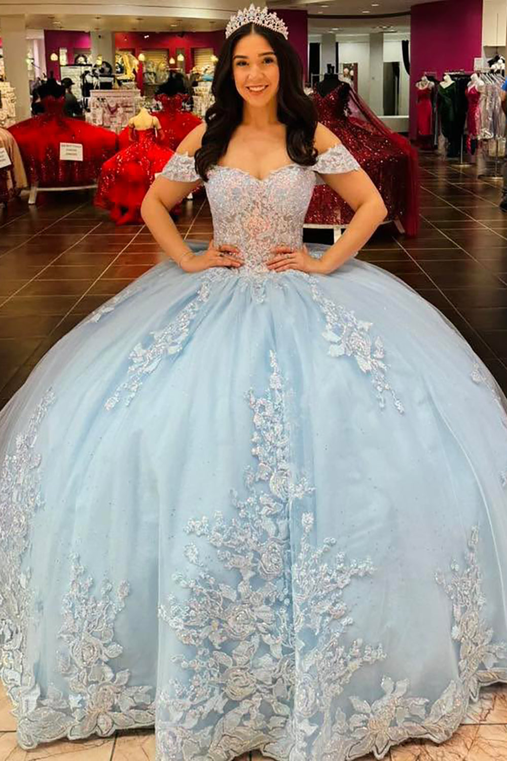 Princess Quinceanera Dress in Sky Blue with Off-the-Shoulder Applique and Tulle Train