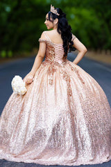 Gold Sparkle Princess Quinceanera Dress with Cold Shoulder and Beaded Sequins