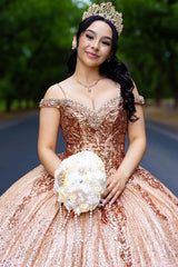 Gold Sparkle Princess Quinceanera Dress with Cold Shoulder and Beaded Sequins