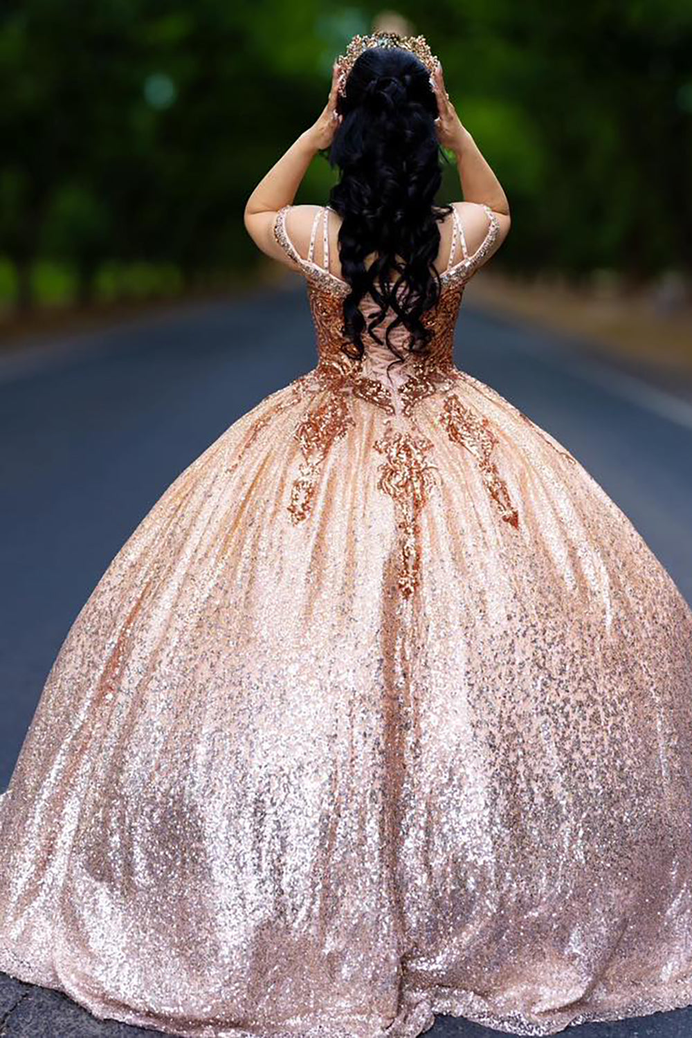 Gold Sparkle Princess Quinceanera Dress with Cold Shoulder and Beaded Sequins