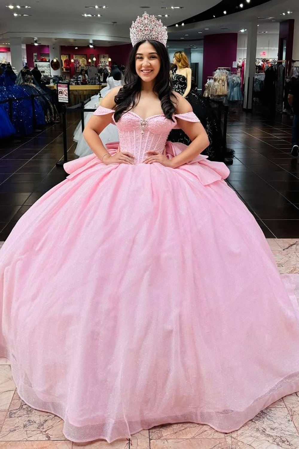 Mint Off-the-Shoulder Sparkly Princess Tulle Quinceanera Dress Featuring Sequins and a Bow