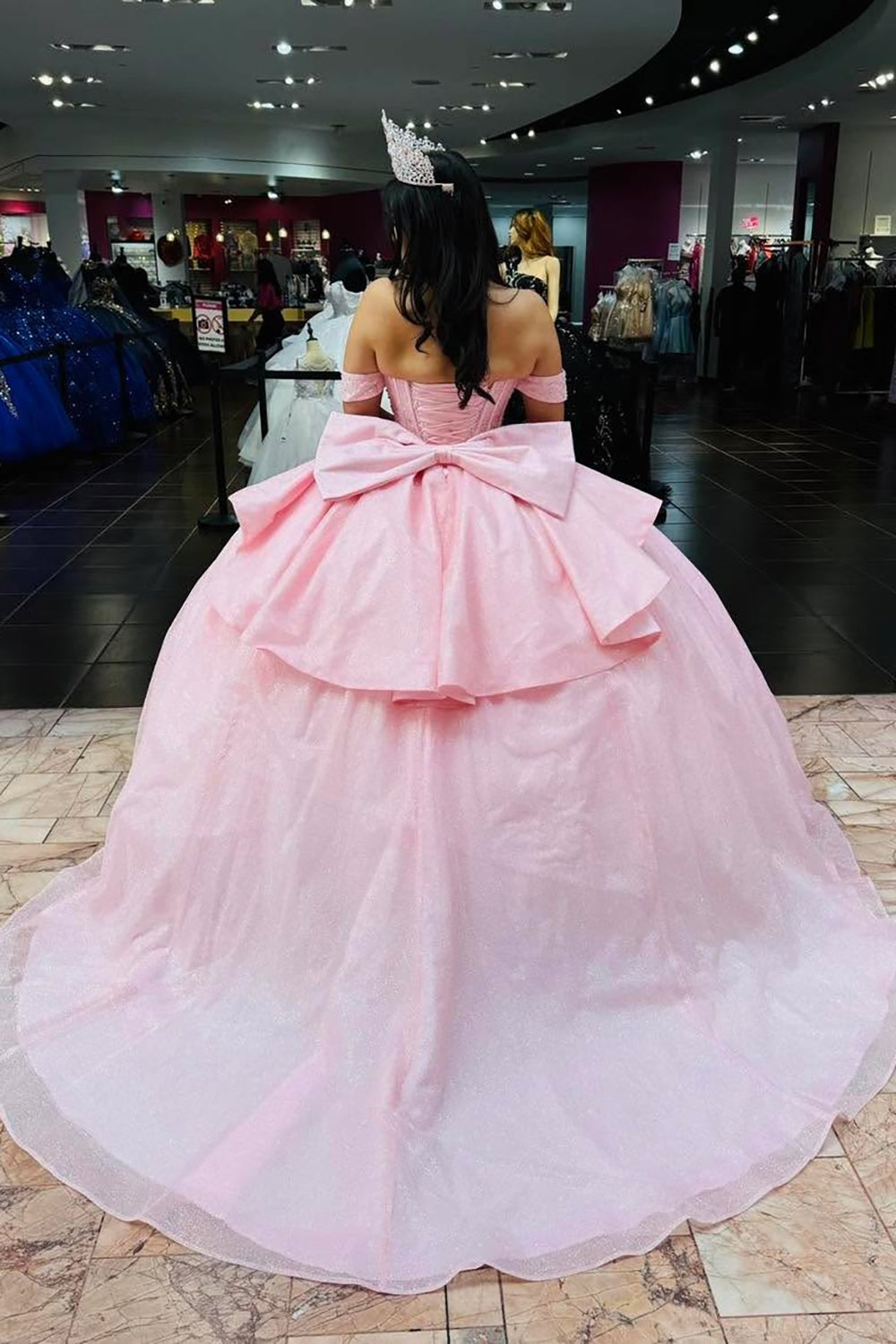 Mint Off-the-Shoulder Sparkly Princess Tulle Quinceanera Dress Featuring Sequins and a Bow