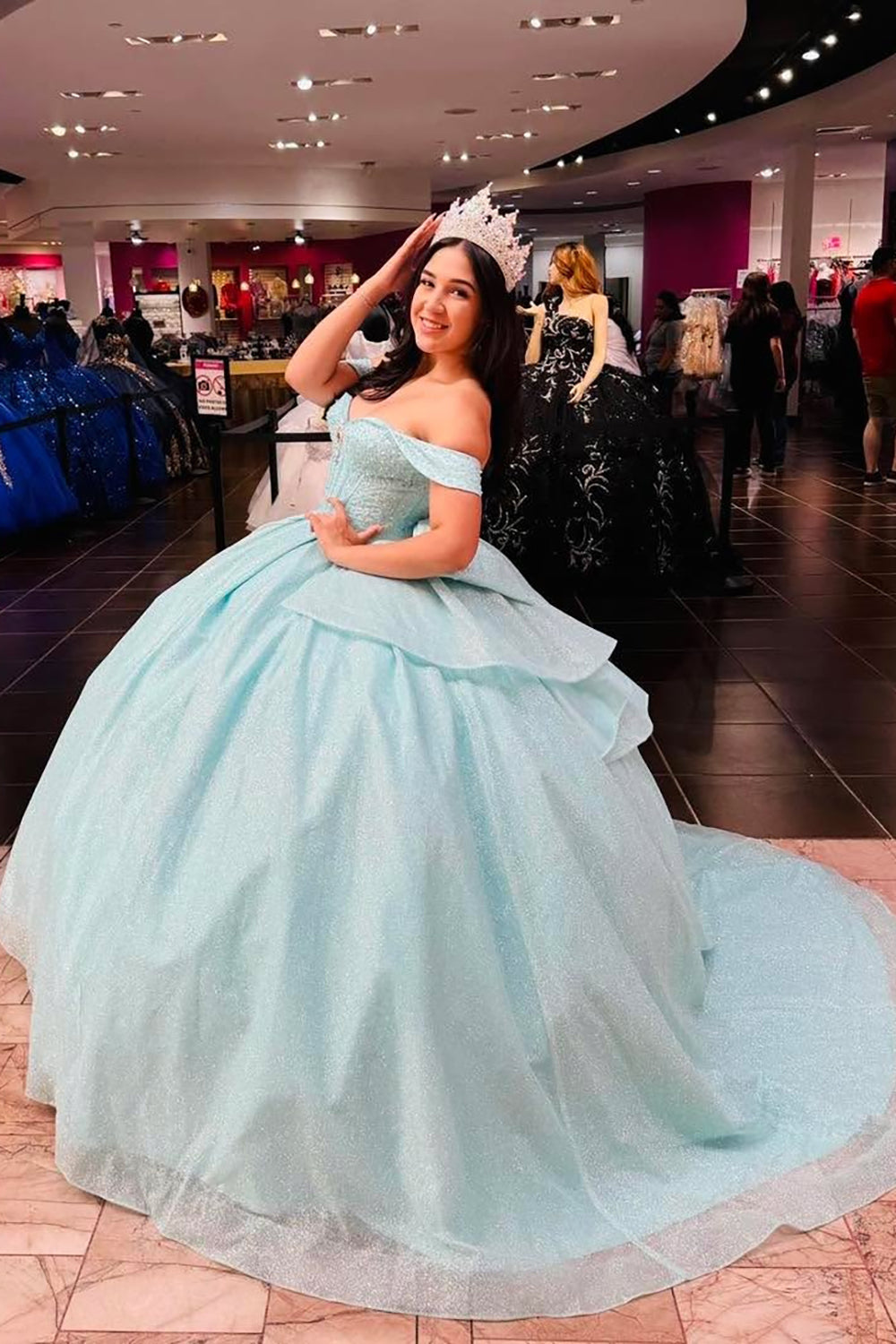 Mint Off-the-Shoulder Sparkly Princess Tulle Quinceanera Dress Featuring Sequins and a Bow