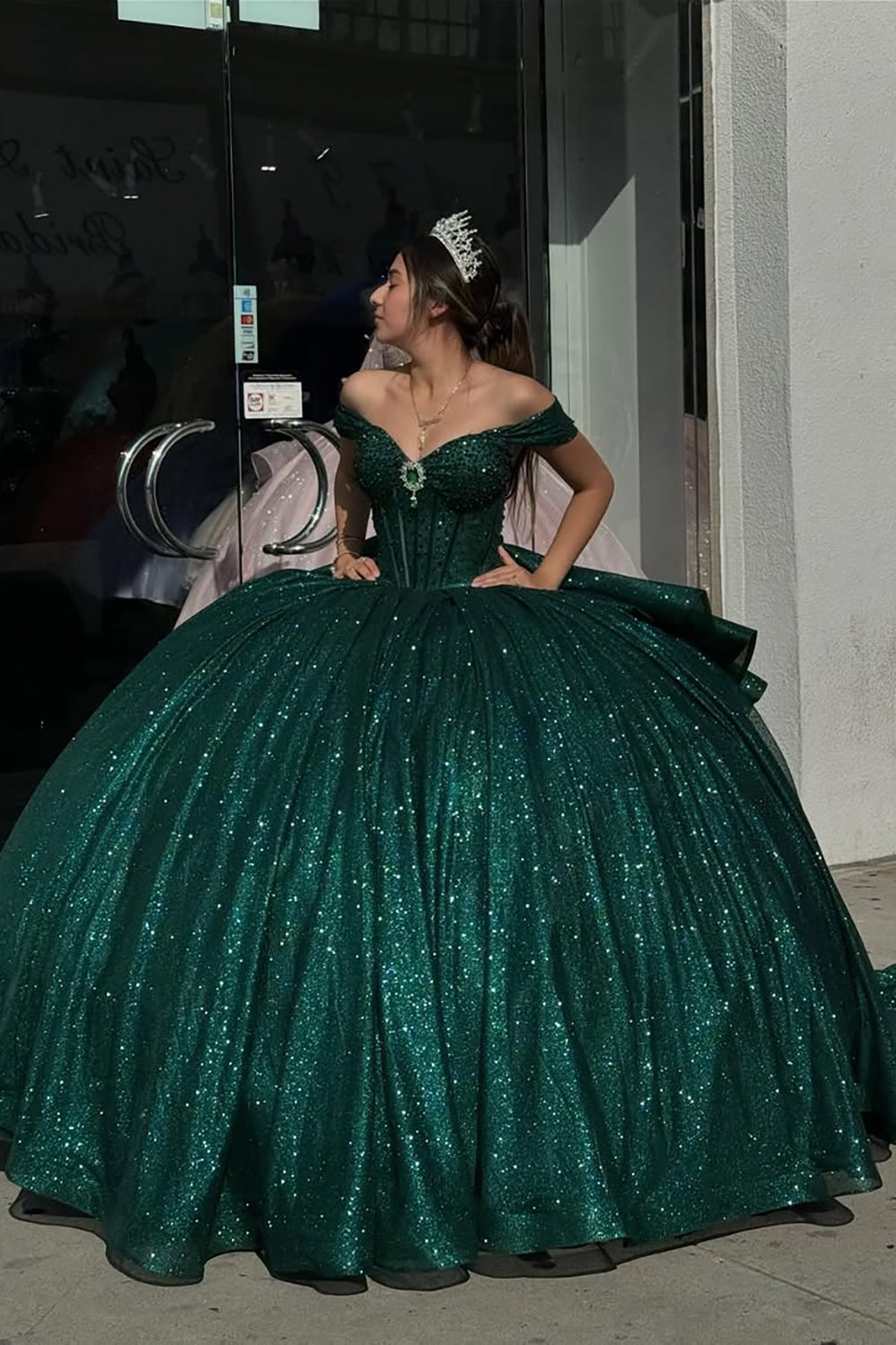 Mint Off-the-Shoulder Sparkly Princess Tulle Quinceanera Dress Featuring Sequins and a Bow