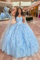 Sweetheart Ball Gown in Sky Blue Tulle with Applique for Quinceanera