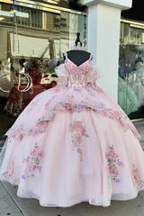Princess Quinceanera Dress in Blush Pink with Flower Applique and Spaghetti Straps