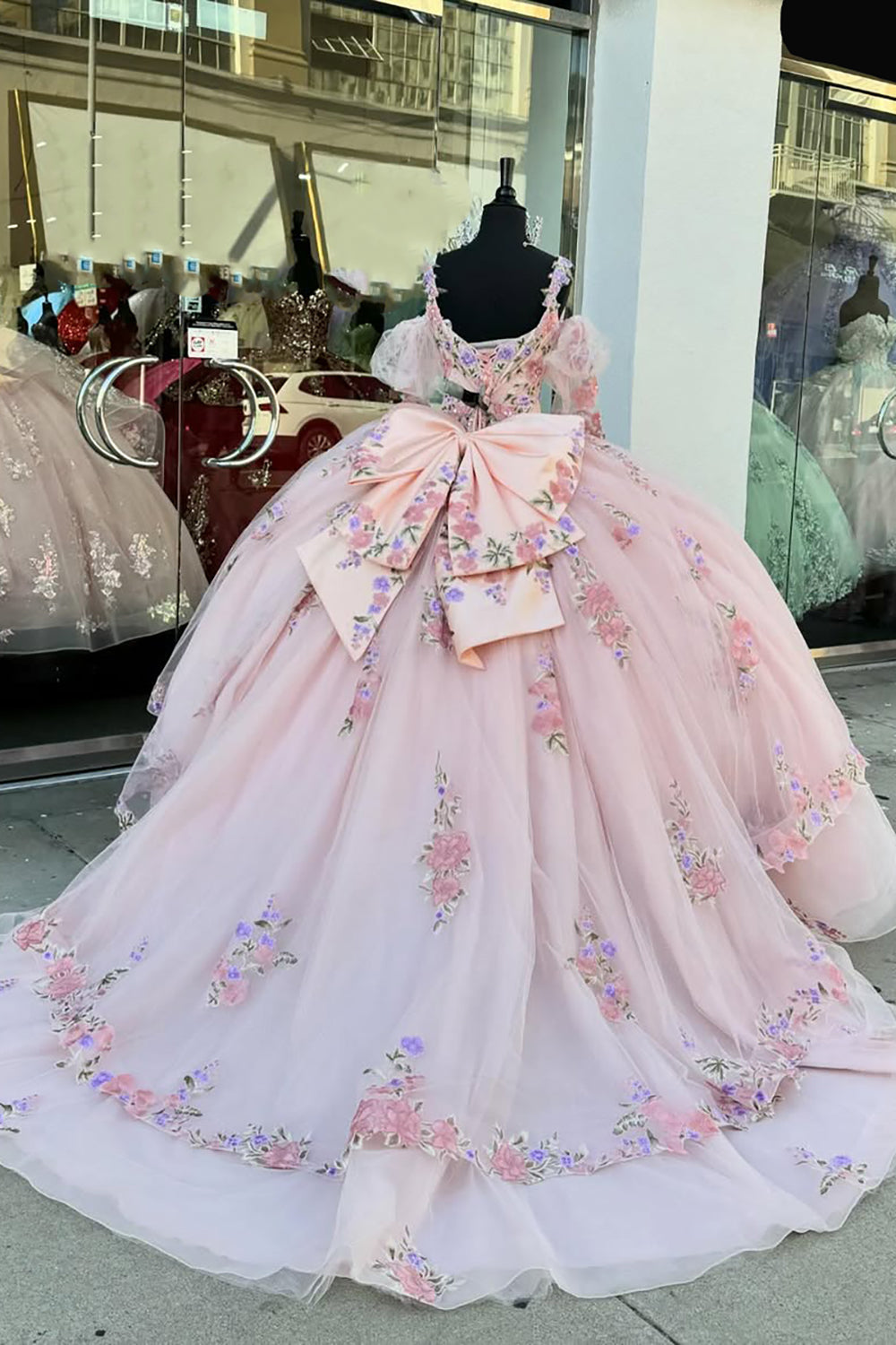 Princess Quinceanera Dress in Blush Pink with Flower Applique and Spaghetti Straps