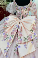 Princess Quinceanera Dress in Blush Pink with Flower Applique and Spaghetti Straps