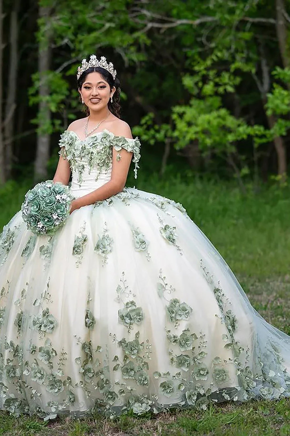 Off the Shoulder Black Champagne Princess Dress with Floral Applique and Tulle Train for Quinceanera
