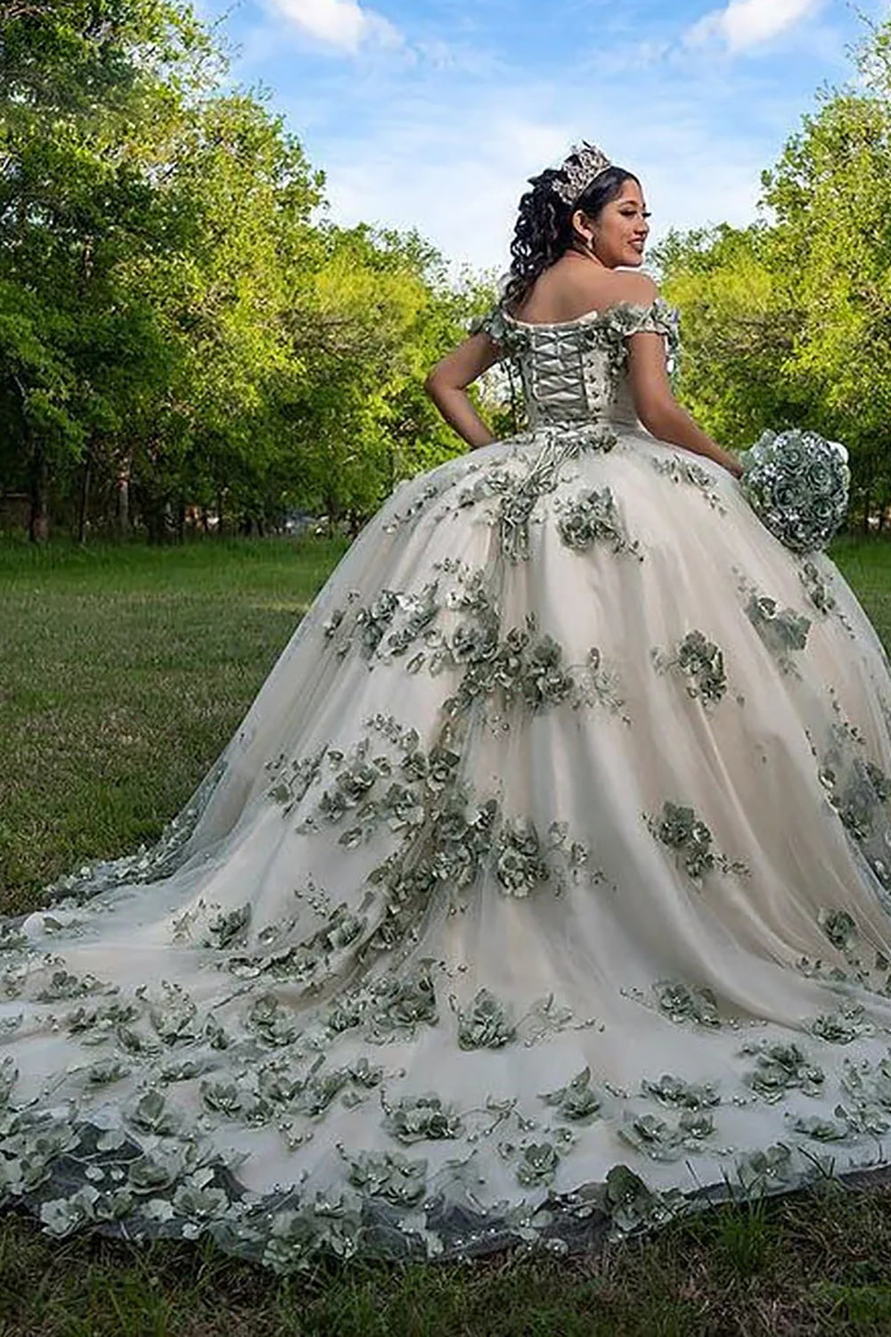 Off the Shoulder Black Champagne Princess Dress with Floral Applique and Tulle Train for Quinceanera