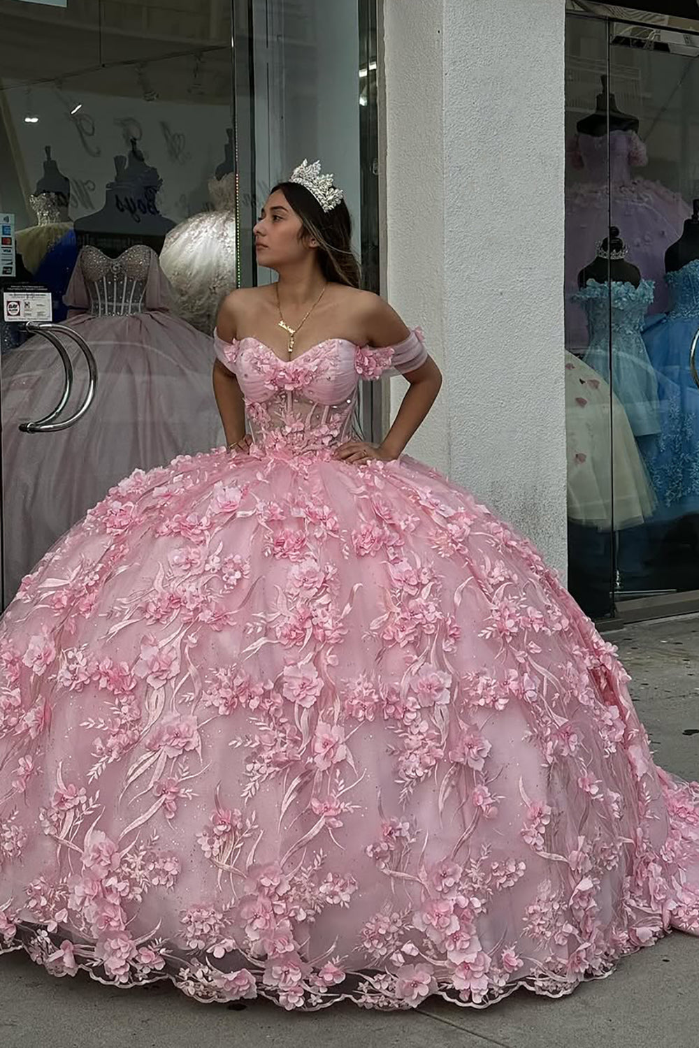 Off-the-Shoulder Floral Ball Gown in Blush Pink Tulle with Applique for Quinceanera
